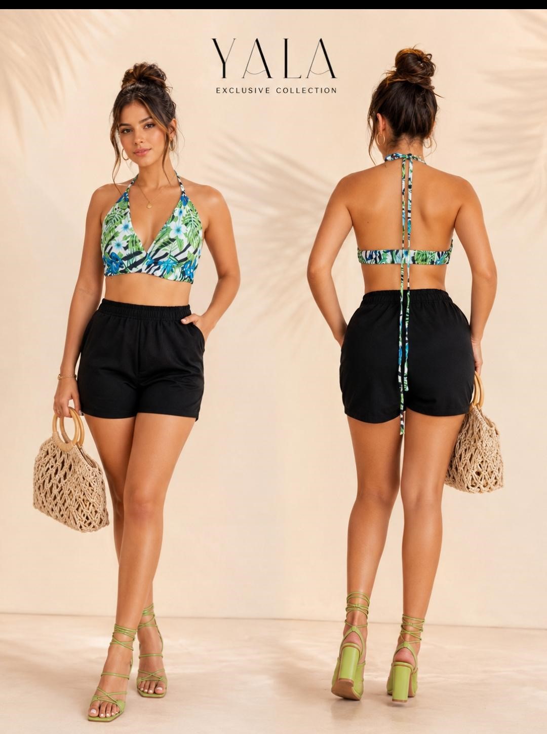 Juego De Short Ancho Con Blosillos Y Blusa De Playa